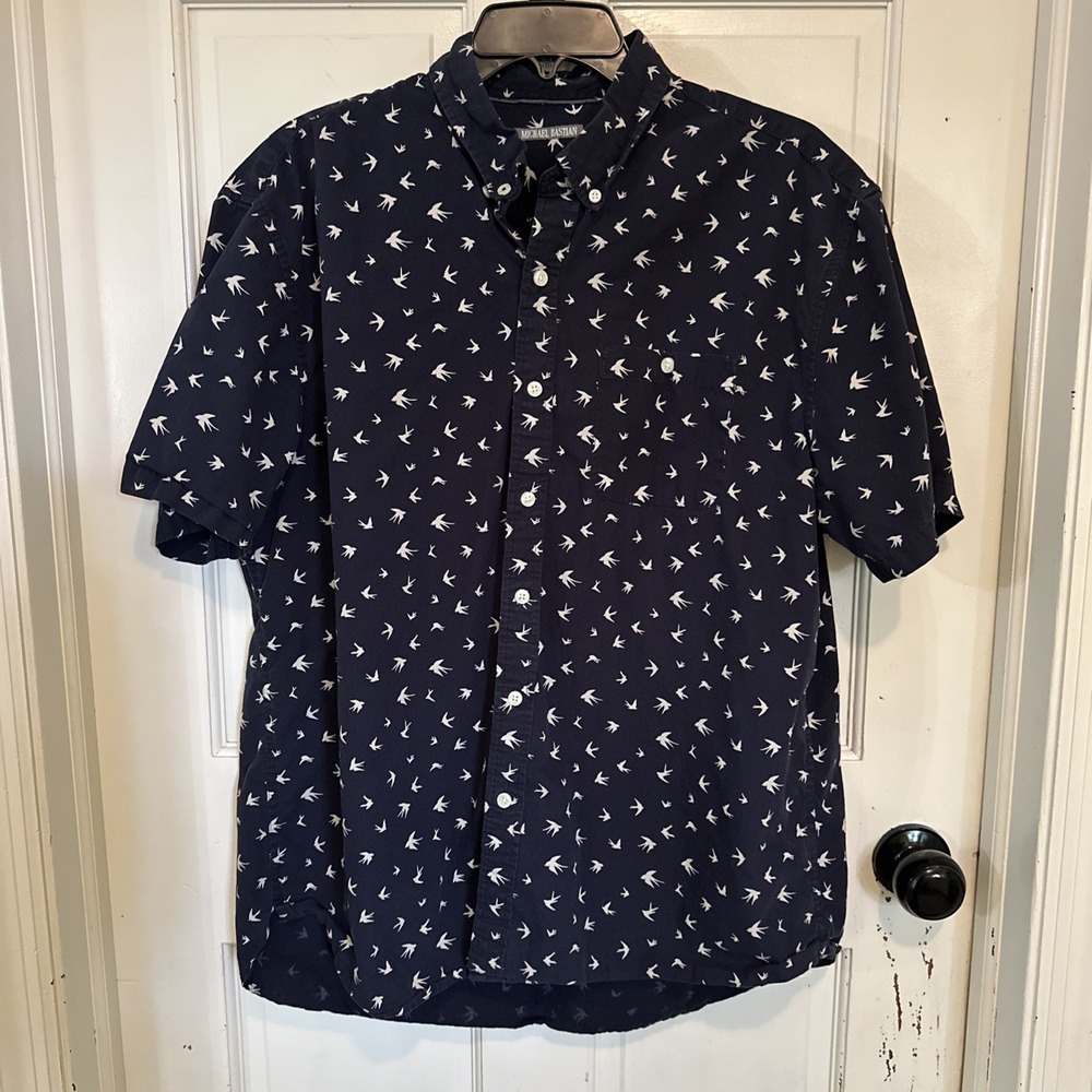 Michael Bastian Men's Cotton Short Sleeve Button Down Swallow Shirt Size XL Blue